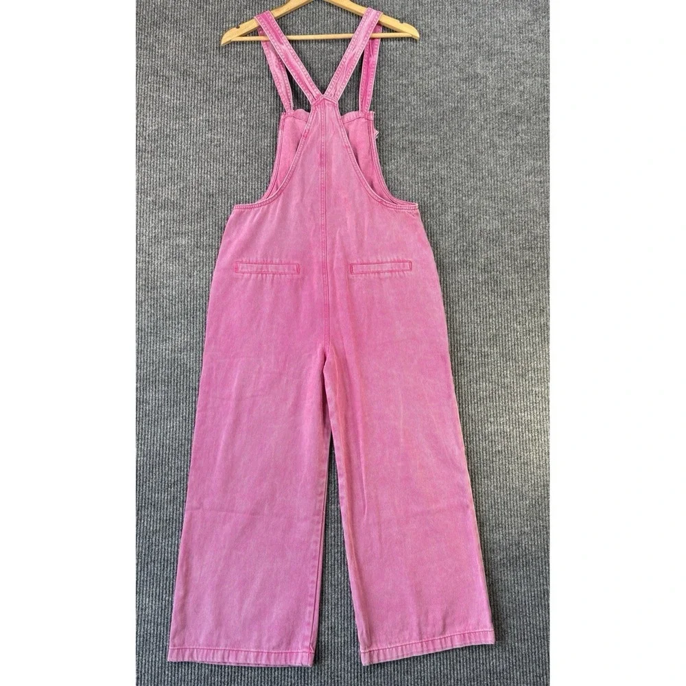 Zenana Pink Acid Wash Overalls Wide Leg Bib Jumpsuit NWT Relaxed Loose Fit M - Picture 3 of 8